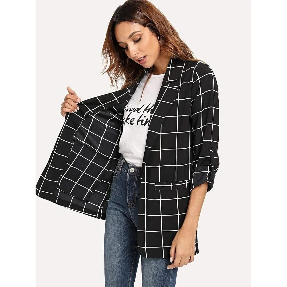 Women's Open Front Blazer Casual Lightweight Plaid Roll Up Sleeve Jacket Shirt